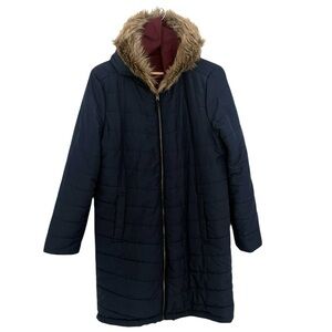 Aeropostale Long Reversible Puffer Parka Navy Maroon Removal Fur Hood Coat Sz L